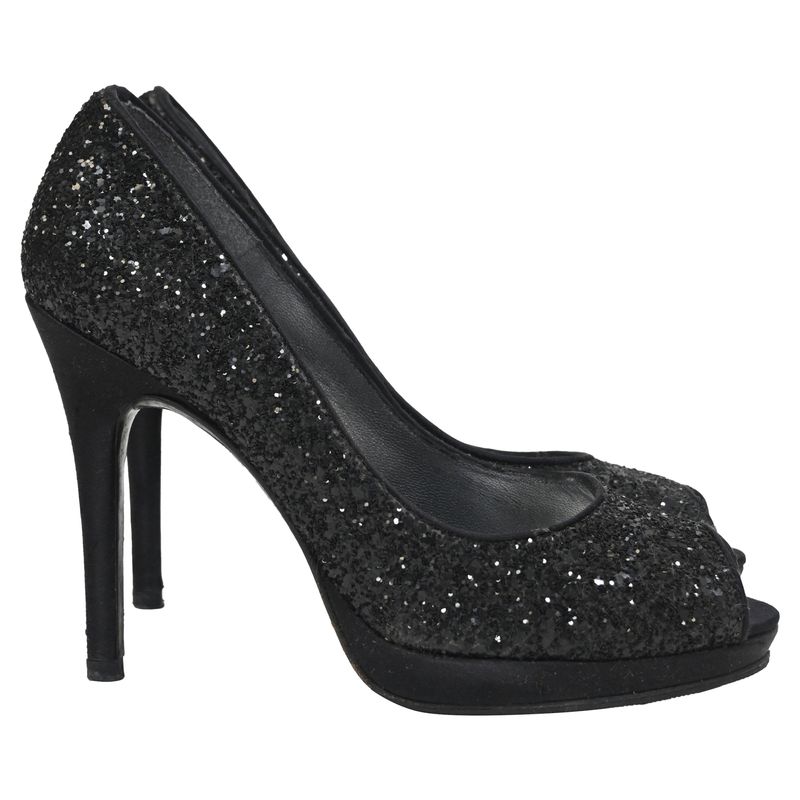 Stuart Weitzman Peep-Toe Pumps In Black Glitter